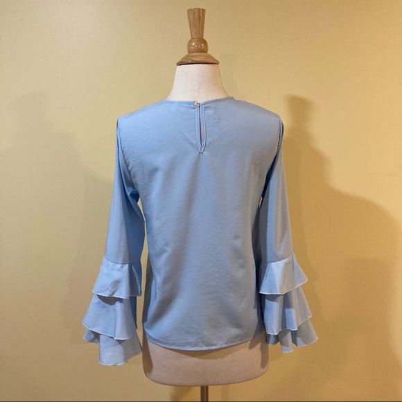 Layered Ruffled Long Sleeve Baby Blue Blouse - Picture 7 of 7